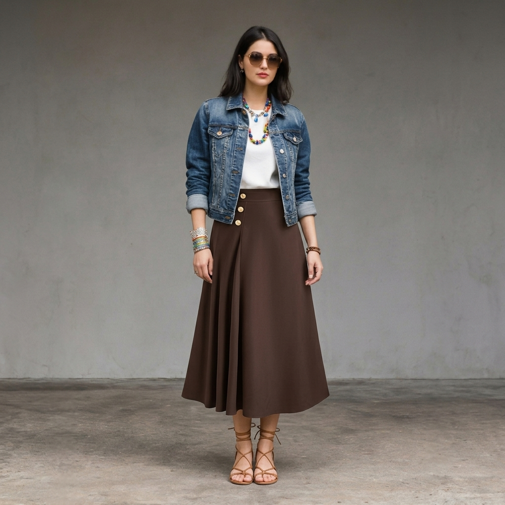 Woman wearing a brown button-front A-line midi skirt