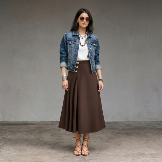 Woman wearing a brown button-front A-line midi skirt