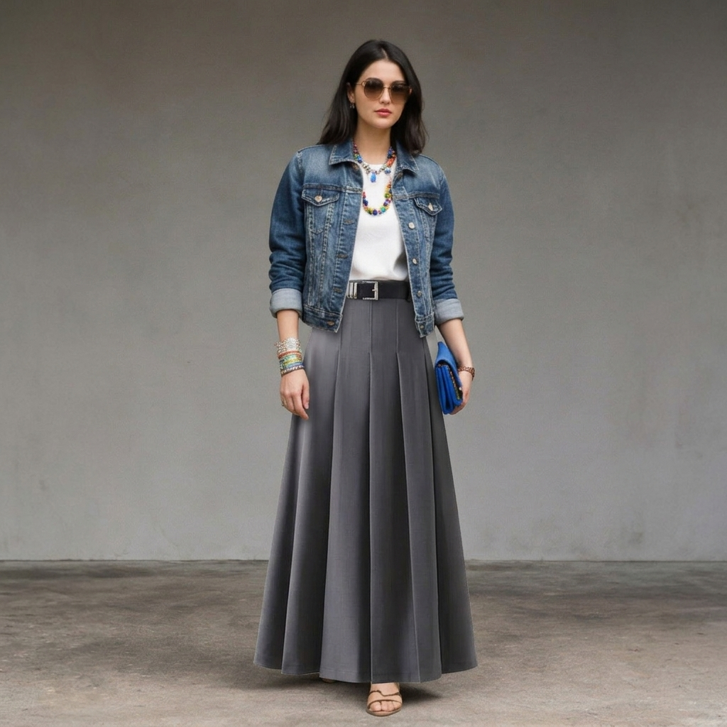Woman wearing a charcoal grey pleated maxi skirt