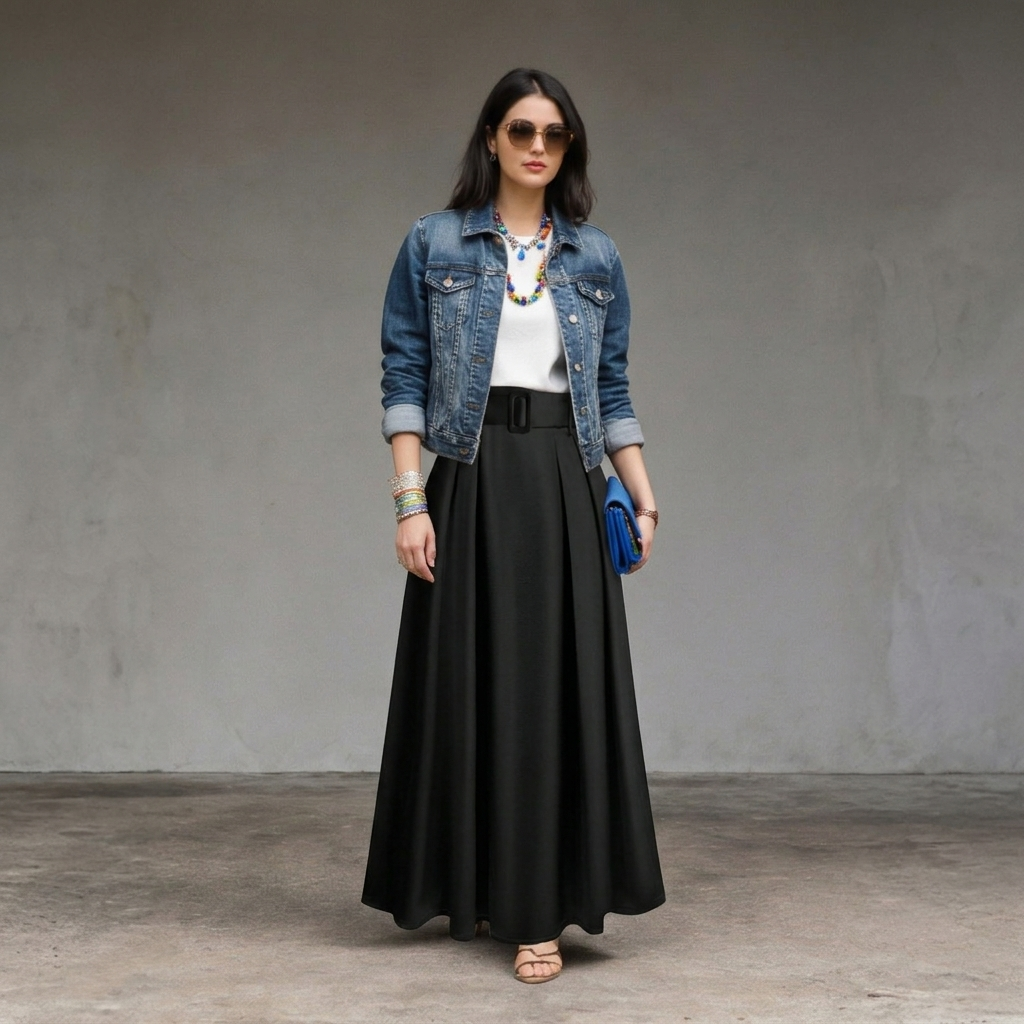 Woman wearing a black pleated maxi skirt