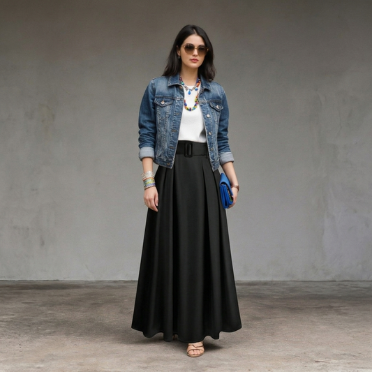 Woman wearing a black pleated maxi skirt