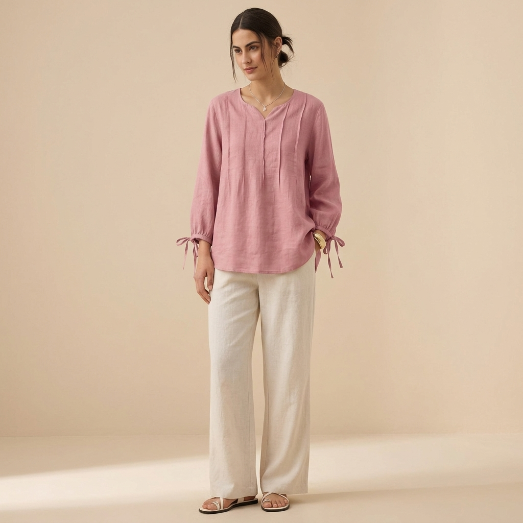 Woman wearing a dusty rose long-sleeve tie-cuff shirt
