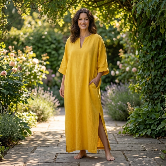 Model wearing a sunshine yellow relaxed kaftan dress with a V-neckline and side slits