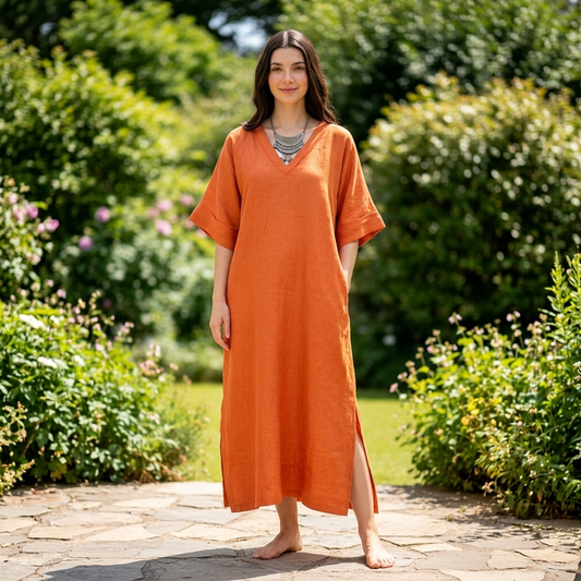 Model wearing an orange relaxed V-neck kaftan dress with wide sleeves and side slits