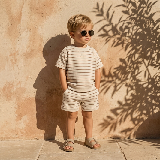Child wearing a cream and brown striped t-shirt and matching shorts set
