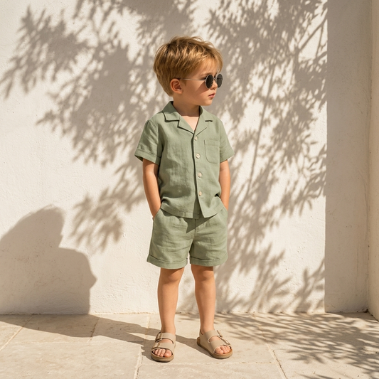Child wearing a sage green button-up shirt and matching shorts set