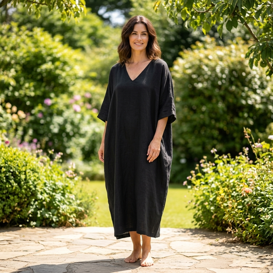 Model wearing a black relaxed V-neck kaftan dress with wide short sleeves