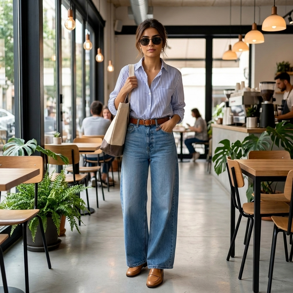 Model wearing women’s high-waisted straight-leg blue jeans in blue denim