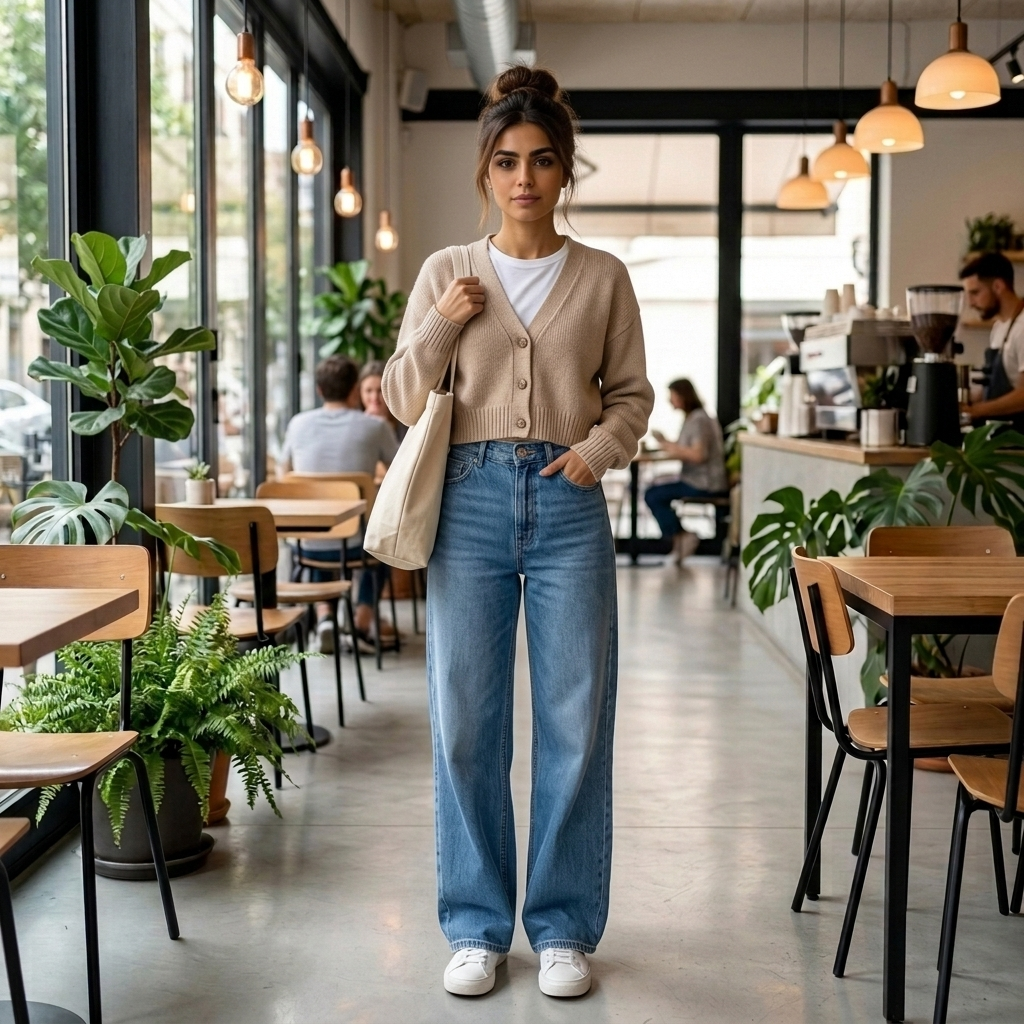 Model wearing women’s relaxed straight-leg blue jeans in blue denim