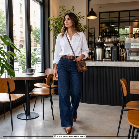 Model wearing women’s dark blue wide-leg jeans in a café