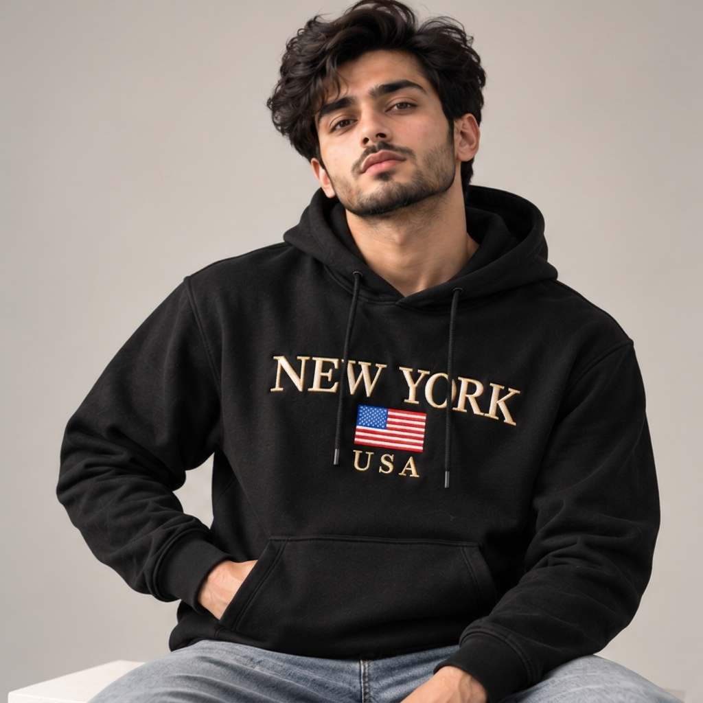 Men’s New York Embroidered Cotton Fleece Hoodie - Black