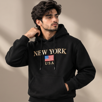 Men’s New York Embroidered Cotton Fleece Hoodie - Black