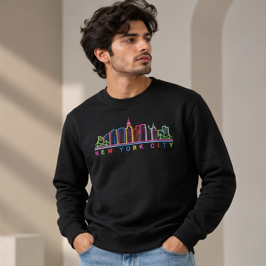 Men’s New York City Skyline Embroidered Cotton Fleece Sweatshirt - Black