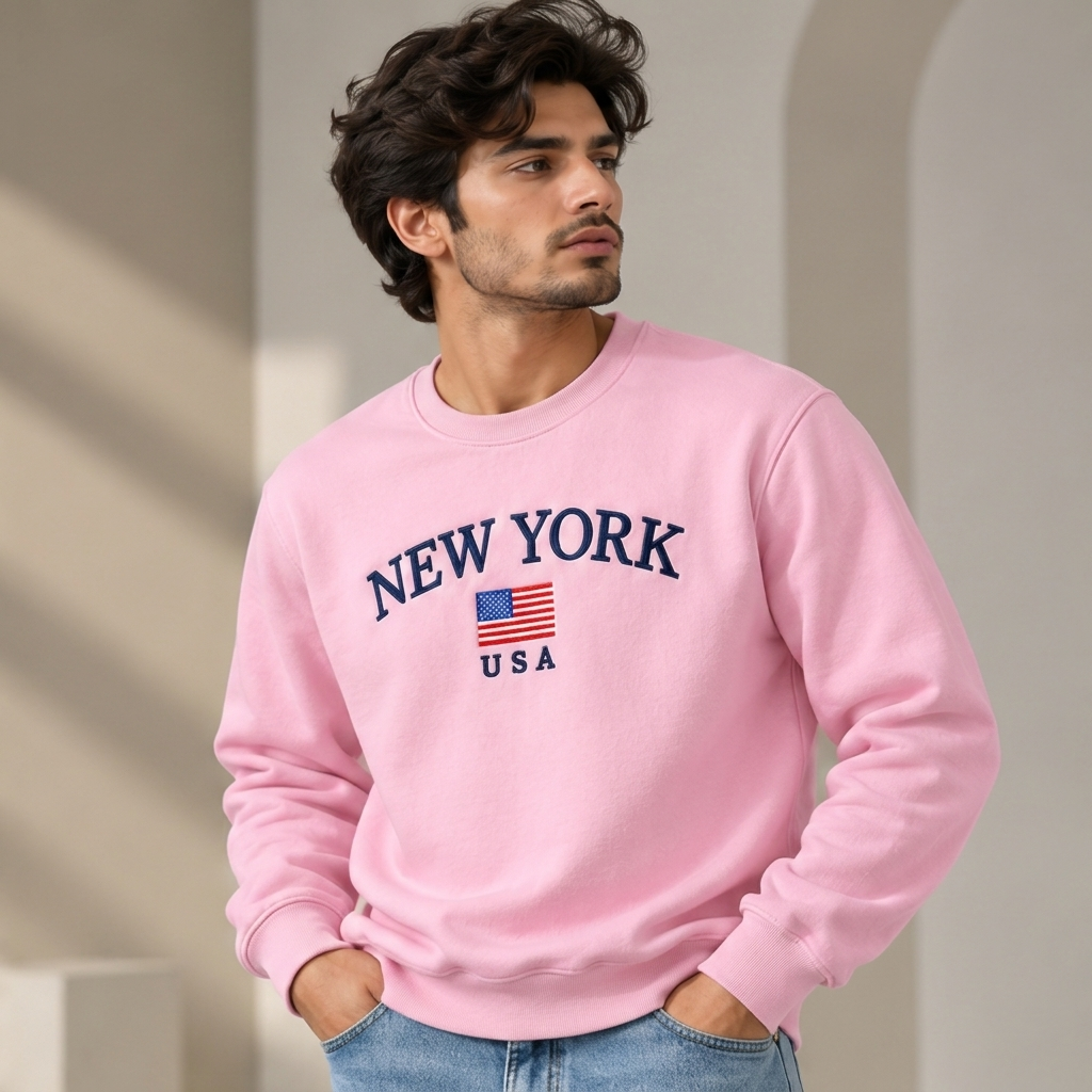 Men’s New York USA Embroidered Cotton Fleece Sweatshirt - Pink