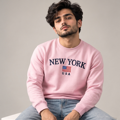 Men’s New York USA Embroidered Cotton Fleece Sweatshirt - Pink