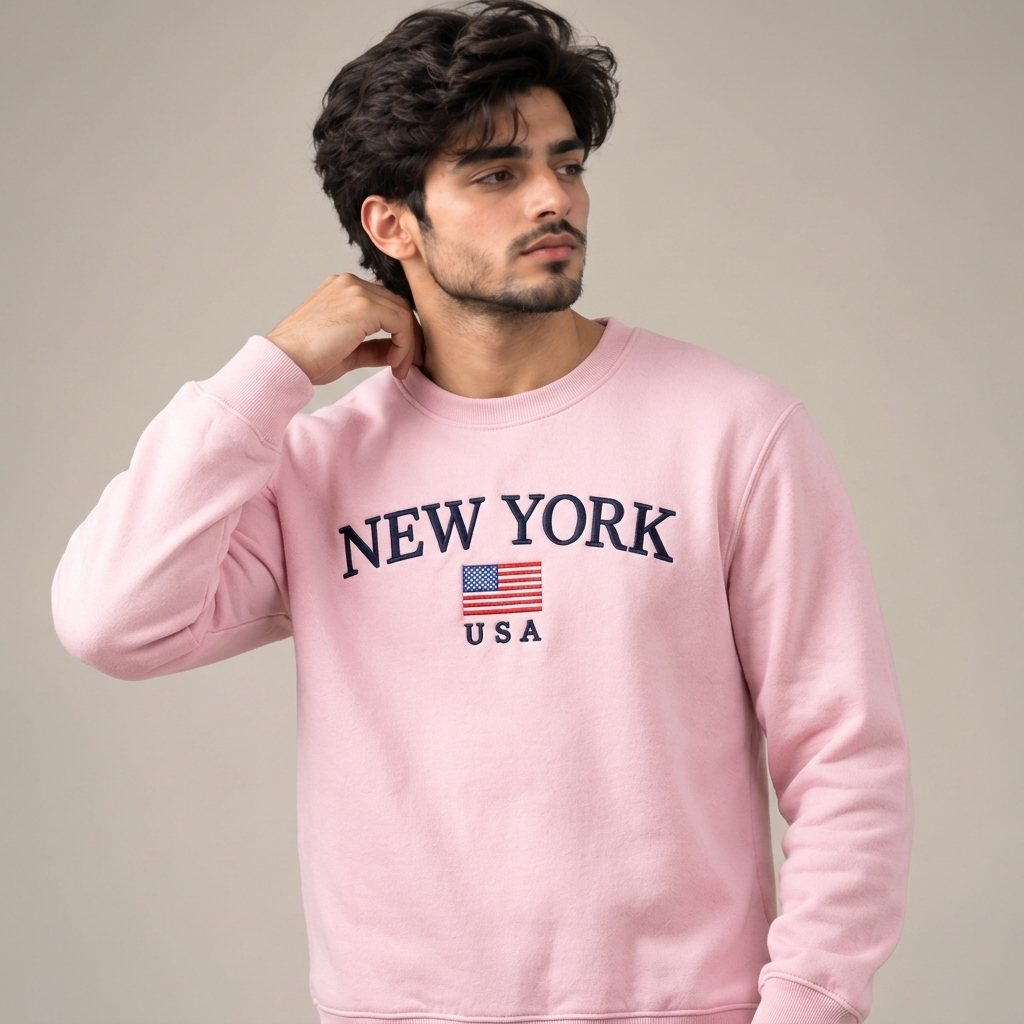 Men’s New York USA Embroidered Cotton Fleece Sweatshirt - Pink
