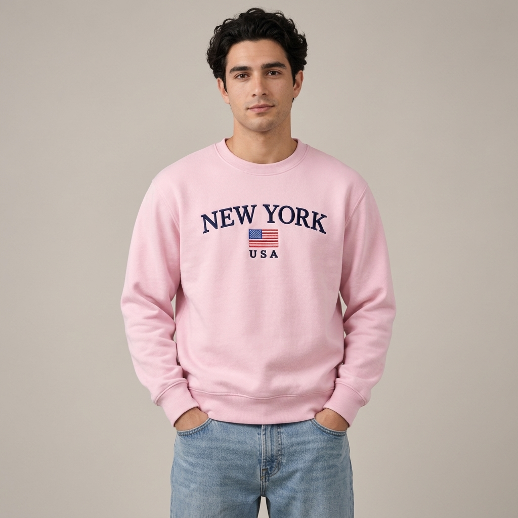 Men’s New York USA Embroidered Cotton Fleece Sweatshirt - Pink
