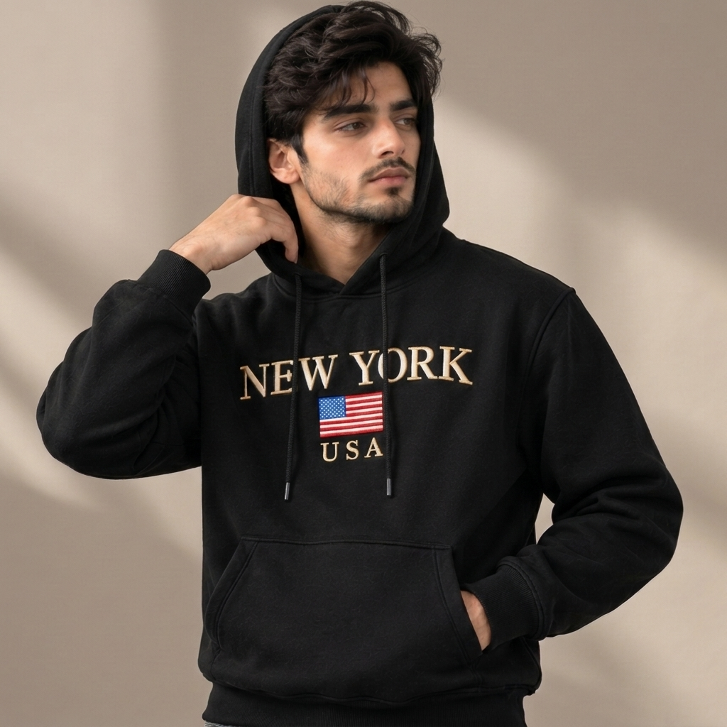 Men’s New York Embroidered Cotton Fleece Hoodie - Black