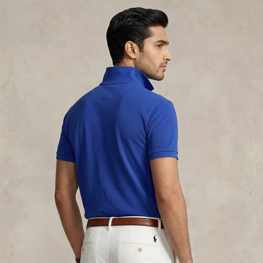 Model wearing a Fall Royal Ralph Lauren polo shirt from the back