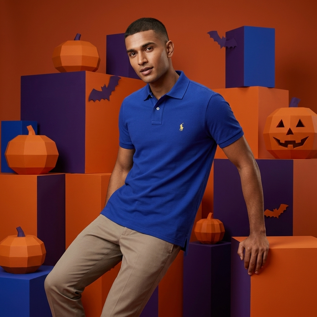 Model wearing a Fall Royal Ralph Lauren polo shirt in a colorful setting