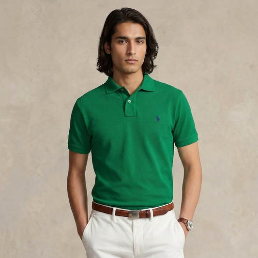 Model wearing a Billiard Ralph Lauren polo shirt with white trousers