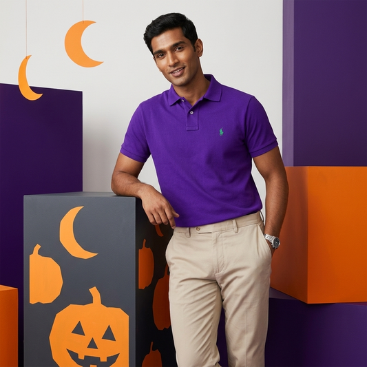 Model wearing a Chalet Purple Ralph Lauren polo shirt in a colorful setting