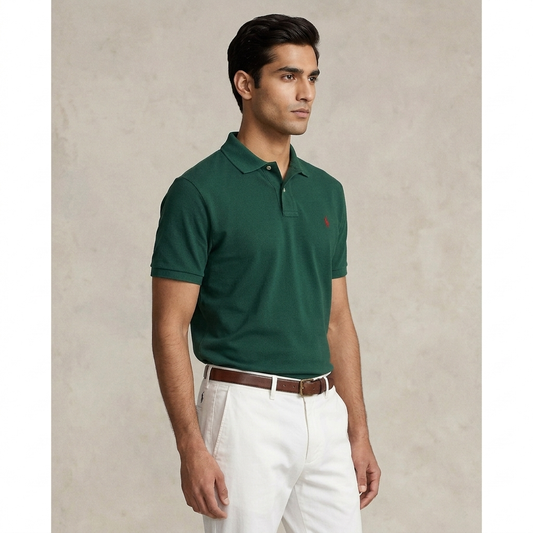 Model wearing a College Green Ralph Lauren polo shirt
