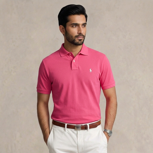 Model wearing a Hot Pink Ralph Lauren polo shirt
