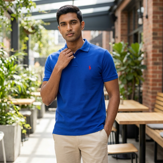 Model wearing a Royal Heritage Ralph Lauren polo shirt indoors
