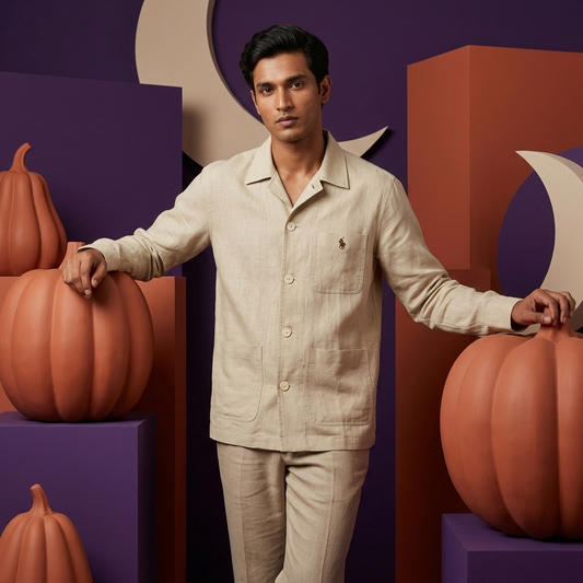 Man wearing a Ralph Lauren beige linen and Remi blend shacket