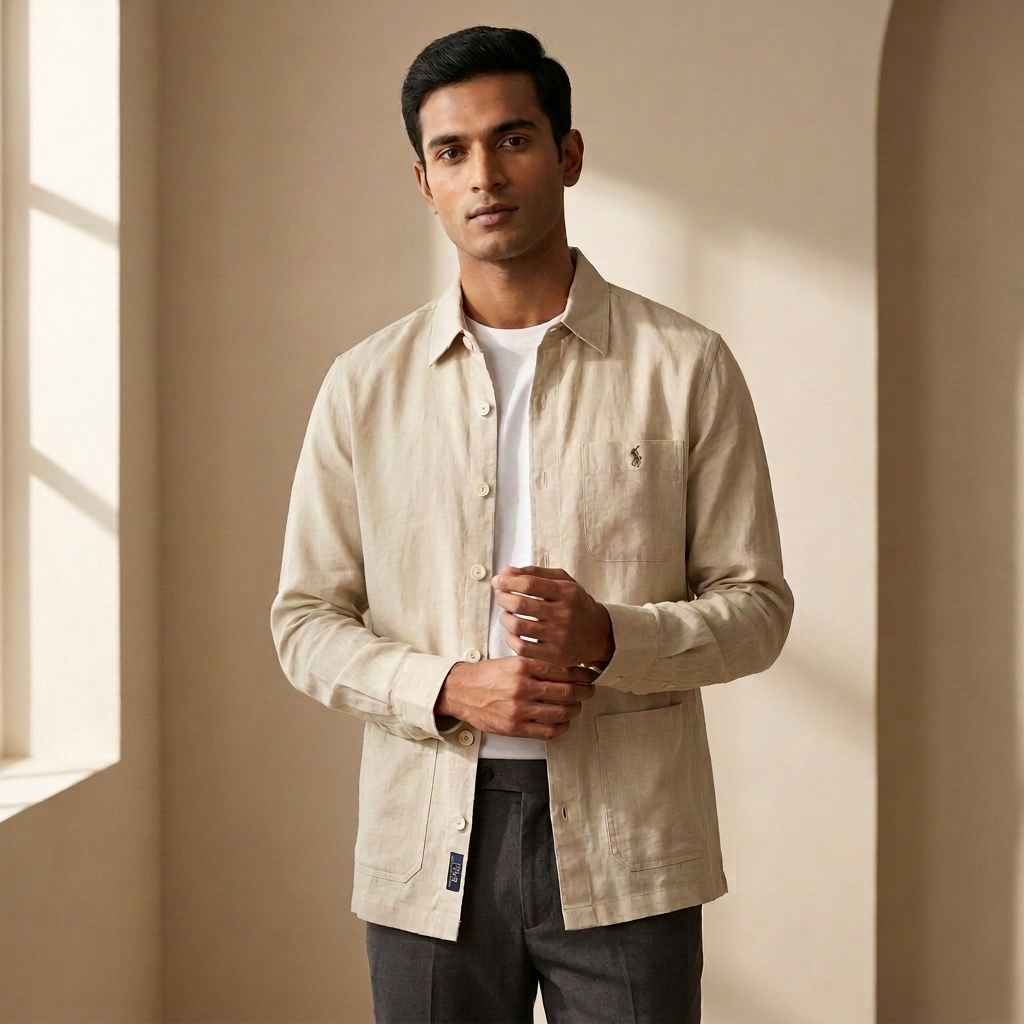 Beige Ralph Lauren linen and Remi blend shacket laid flat
