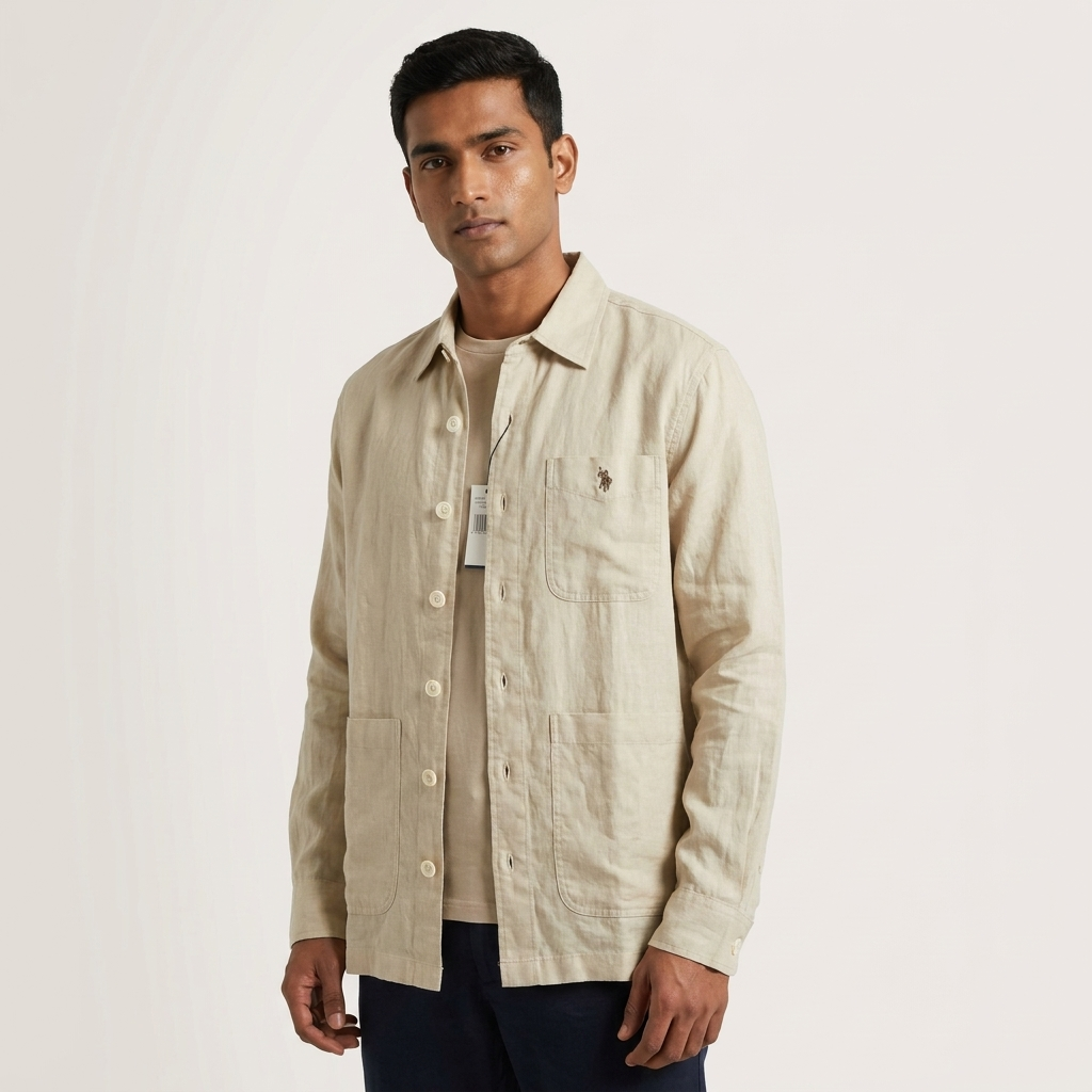 Man styling a beige Ralph Lauren shacket over a white T-shirt