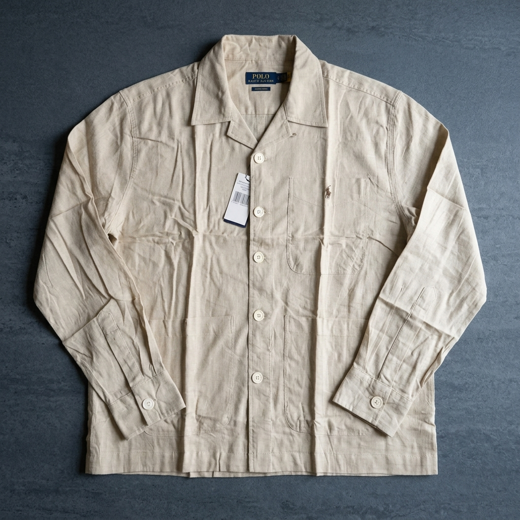 Front view of a man wearing a beige Ralph Lauren linen blend shacket