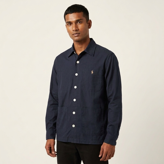 Man wearing a Ralph Lauren navy linen and Remi blend shacket