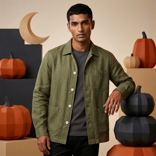 Man wearing Ralph Lauren olive linen and Remi blend shacket over a white T-shirt
