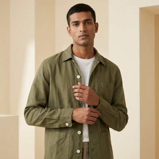 Olive Ralph Lauren linen and Remi blend shacket laid flat