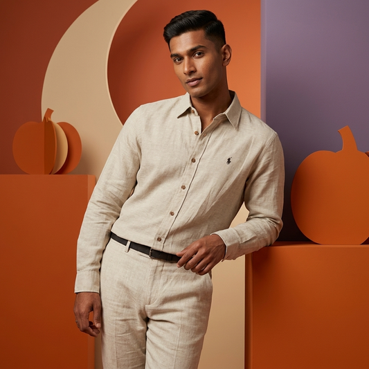 Model wearing a beige Ralph Lauren 100% linen washed shirt
