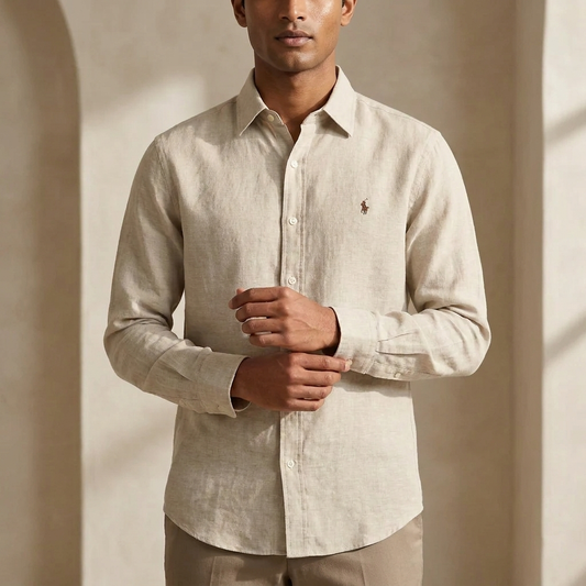 Flat lay of a beige Ralph Lauren 100% linen washed shirt