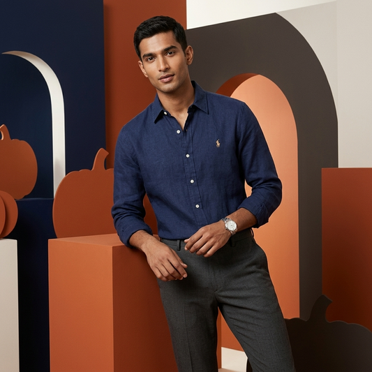 Model wearing a navy Ralph Lauren 100% linen washed shirt