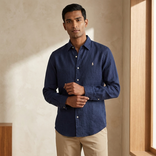 Model wearing a navy Ralph Lauren 100% linen washed shirt indoors