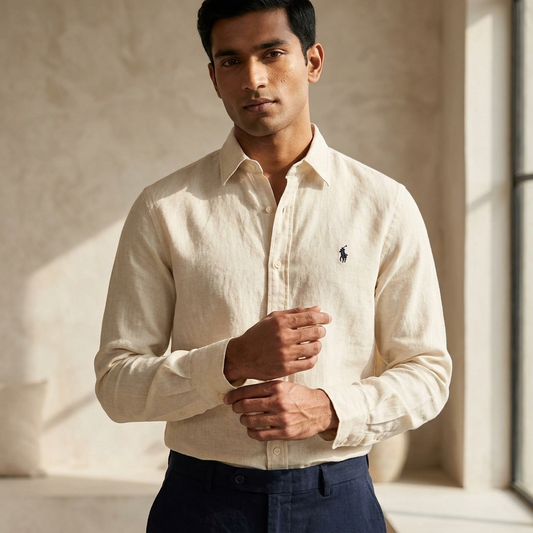 Full view of an off-white Ralph Lauren 100% linen washed shirt