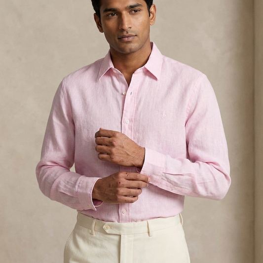 Model wearing a pink Ralph Lauren 100% linen washed shirt
