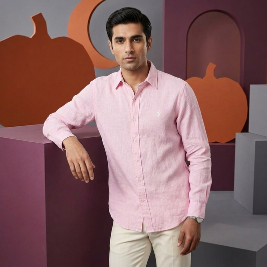 Flat lay of a pink Ralph Lauren 100% linen washed shirt