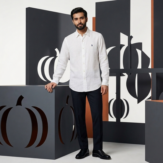 Model wearing a white Ralph Lauren 100% linen shirt in a styled setting