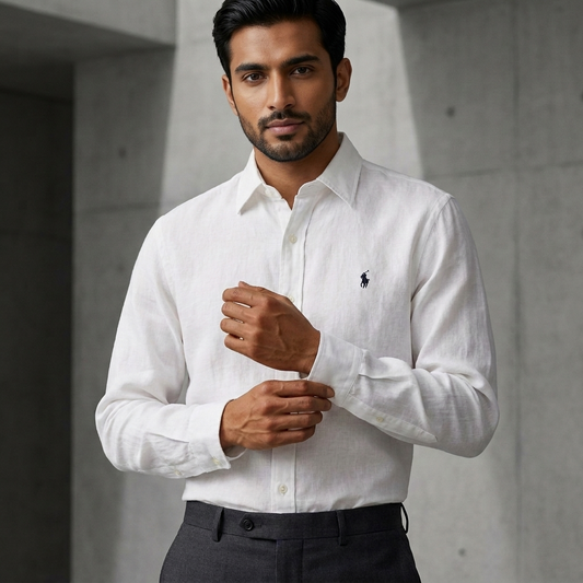 Model wearing a white Ralph Lauren 100% linen shirt with neutral trousers