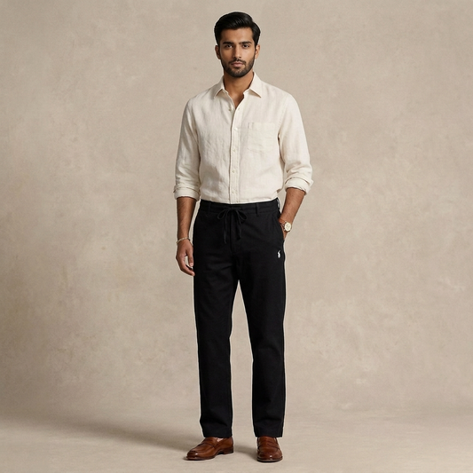 Front view of black Remi cotton relaxed fit drawstring trousers