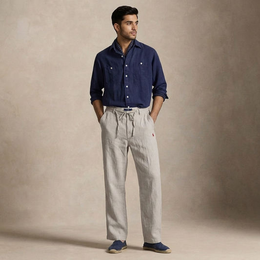 Close front view of light silver Remi cotton relaxed fit drawstring trousers