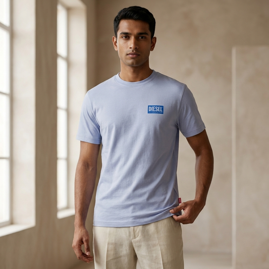 Grayish blue Diesel printed t-shirt with linen trousers